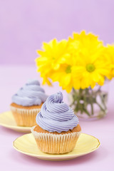 Cupcakes decorated with violet cream and bouquet of yellow chrysanthemums on violet pastel background with text area for greeting banner.
