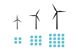 Vector image of wind turbines and houses increasing in size and number