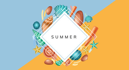 Geometric simple frame with shells and starfish on modern background. Vector illustration for summer and tropical vacation holiday design, horizontal banner