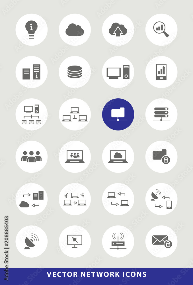 Poster set of elegant universal black network minimalistic solid icons on circular colored buttons on grey 