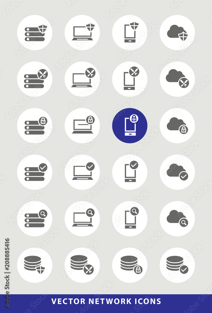 Poster set of elegant universal black network minimalistic solid icons on circular colored buttons on grey 