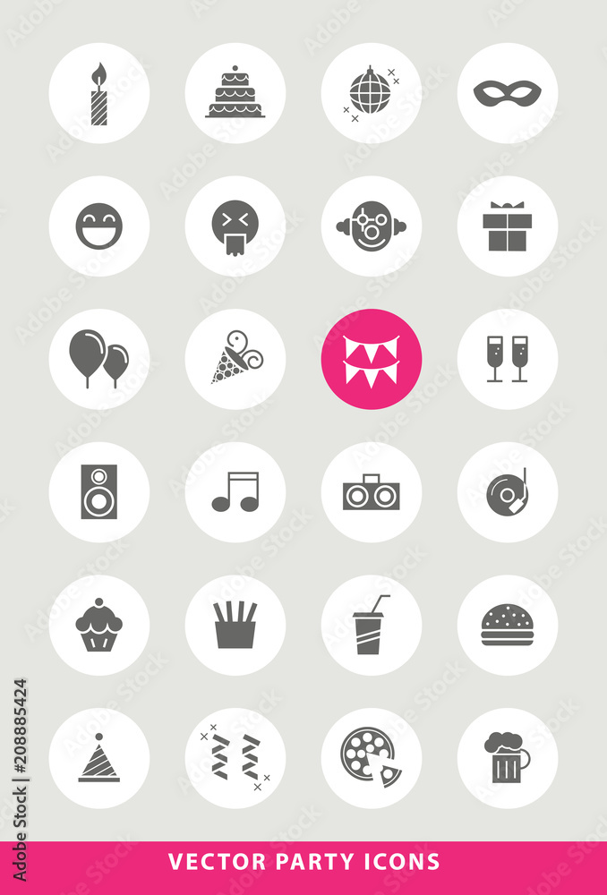 Poster set of elegant universal black party minimalistic solid icons on circular colored buttons on grey ba