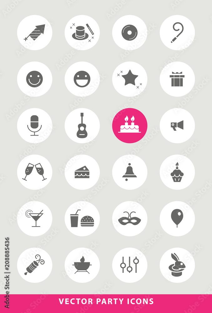 Poster set of elegant universal black party minimalistic solid icons on circular colored buttons on grey ba