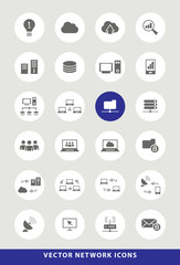 Set of Elegant Universal Black Network Minimalistic Solid Icons on Circular Colored Buttons on Grey Background