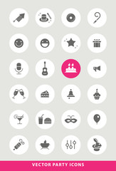 Set of Elegant Universal Black Party Minimalistic Solid Icons on Circular Colored Buttons on Grey Background
