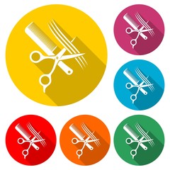 Comb and scissors icon, color icon with long shadow