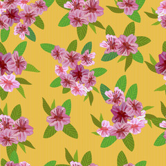 Vector seamless spring background with white and pink flowers with green and yellow leaves