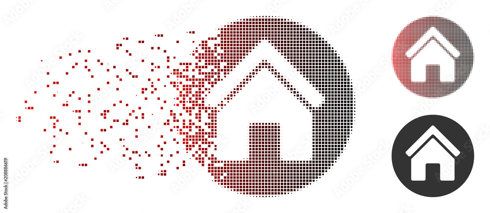 Poster vector real estate icon in fractured, dotted halftone and undamaged whole versions. disappearing eff