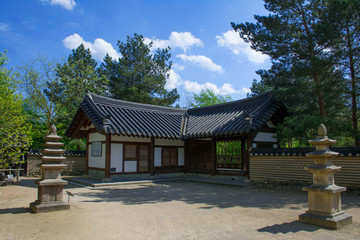 Fototapeta na wymiar Japanese house at botanic garden & architecture. Exterior.