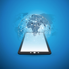 Digital Network Connections, Technology Background - Cloud Computing Design Concept with Transparent Geometric Wireframe and Earth Globe