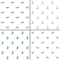 Set of vector minimalist seamless patterns with paper ship, plane, boat and anchor in pastel colors