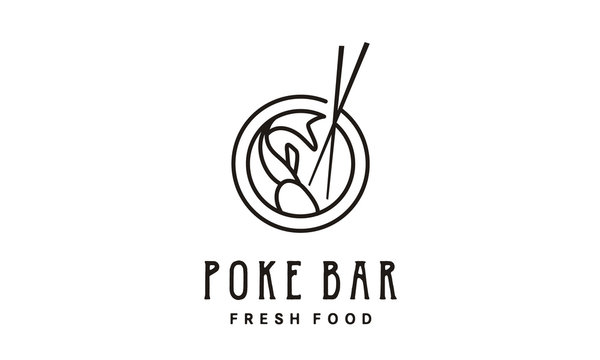 Fish Line Art With Bowl And Chopsticks For Poke Bar Or Sushi Logo Design Inspiration