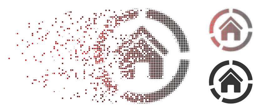 Vector realty diagram icon in dissolved, pixelated halftone and undamaged whole variants. Disappearing effect involves rectangular sparks and horizontal gradient from red to black.
