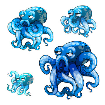 Set of stages of growth of animated octopus isolated on white background. Vector cartoon close-up illustration.