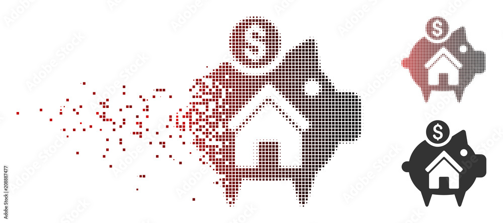 Poster vector realty piggy bank icon in dispersed, pixelated halftone and undamaged entire variants. disint