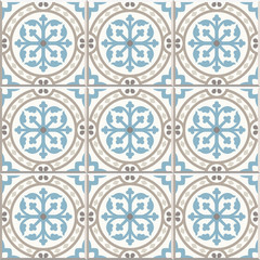 Ancient floor ceramic tiles. Flooring tiling seamless vector background. Vector illustration. Victorian English floor tiling design. Portuguese cement tiles pattern. Grey-blue and golden brown colors
