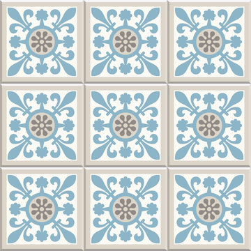 Old floor ceramic tiles. Cross fleury design. Flooring tiling seamless vector  illustration. Victorian English floor tiling design. Portuguese cement tiles pattern. Grey-blue and golden brown colors