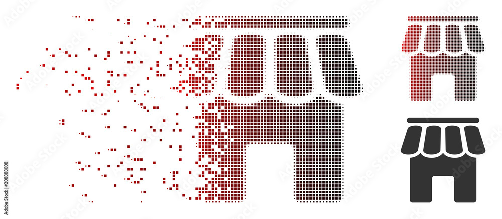 Poster vector shop building icon in fractured, dotted halftone and undamaged solid versions. disintegration