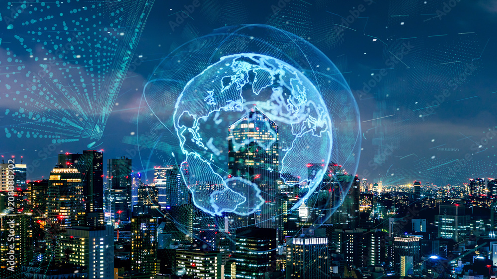 Poster smart city and global network concept. iot(internet of things). ict(information communication techno