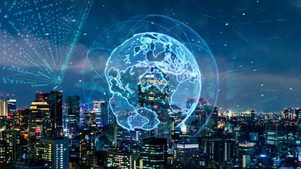 Smart city and global network concept. IoT(Internet of Things). ICT(Information Communication...