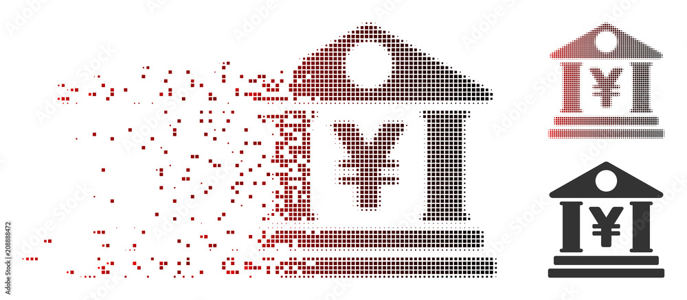 Poster vector yen bank building icon in sparkle, pixelated halftone and undamaged solid variants. disintegr
