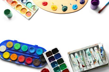 Set of different paints on white background
