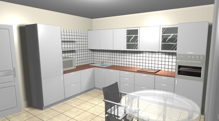 white kitchen 3D rendering interior design