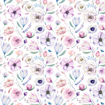 Seamless spring lilac watercolor floral pattern on a white background. Pink and rose flowers, weddind decoration illustration.