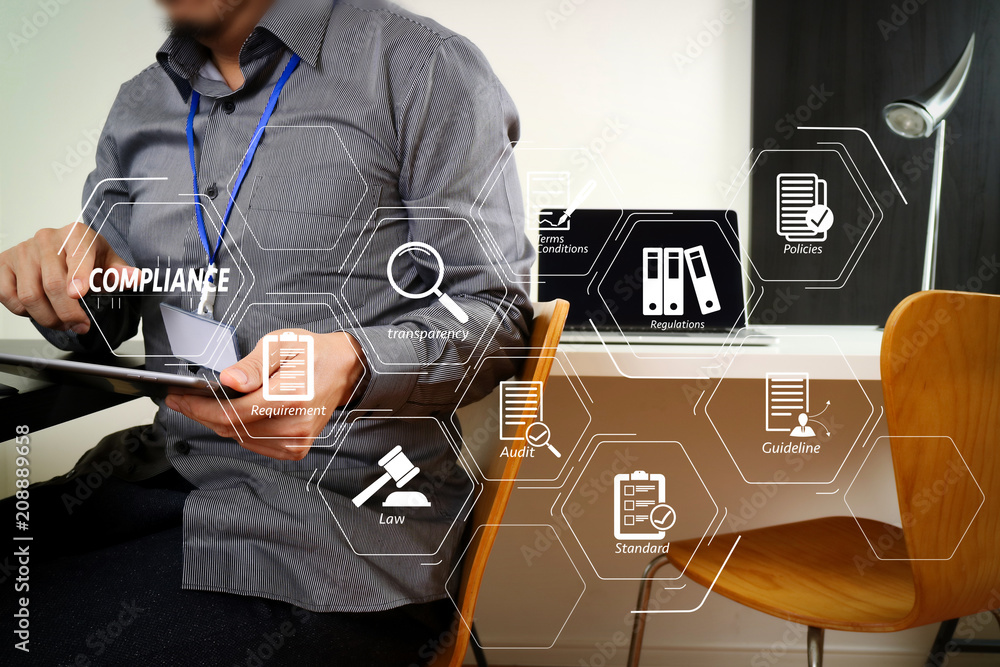 Poster businessman working with digital tablet and laptop computer and card tag in modern office