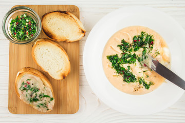 hummus with sauce and croutons