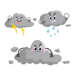 Cartoon overcast storm cloud with thunderstorm mascotsset. Weather rain and storm symbols. Vector illustration icons collection.