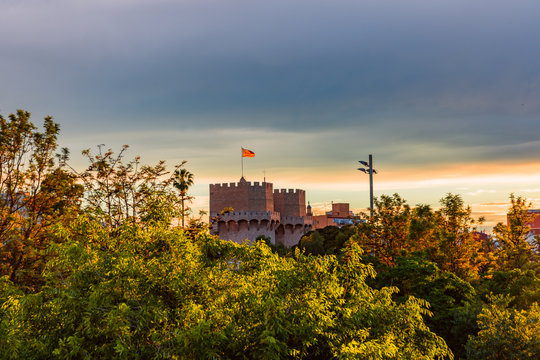 A bright sunset in the park of Turia before the rain. Valencia, Spain.