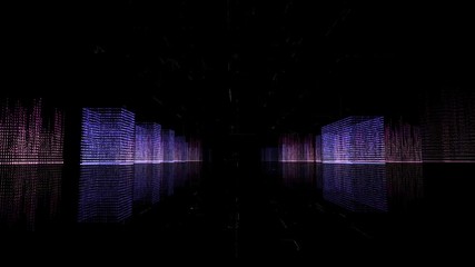 Abstract digital hologram 3D rendering of city growth with futuristic matrix. Digital buildings with a binary code particles network. Technology, connection and network concept. HUD background in 4K