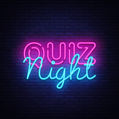 Quiz night announcement poster vector design template. Quiz night neon signboard, light banner. Pub quiz held in pub or bar, night club. Pub team game. Questions game bright retro light sign. Vector