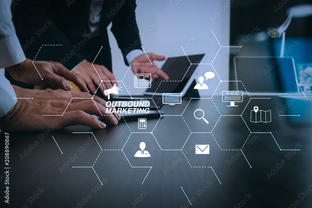 Poster co working team meeting concept,businessman using smart phone and digital tablet and laptop computer in modern office with glass reflected view