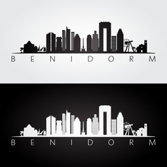 Benidorm skyline and landmarks silhouette, black and white design, vector illustration.