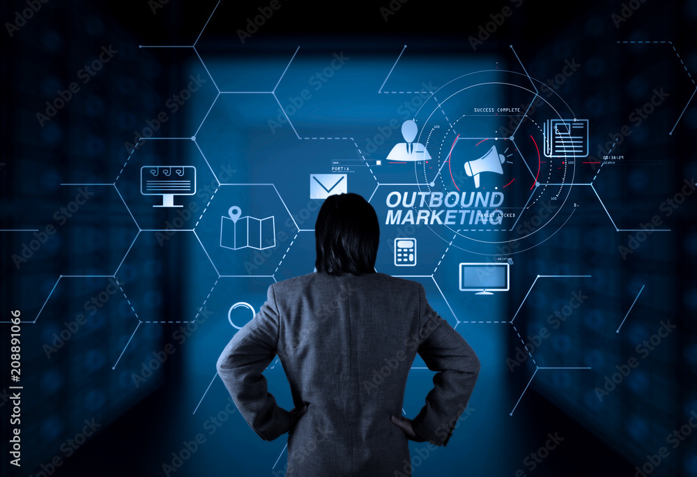 Poster outbound marketing business virtual dashboard with offline or interruption marketing.businessman wor