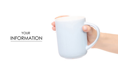 Blue cup mug in hand pattern on a white background isolation