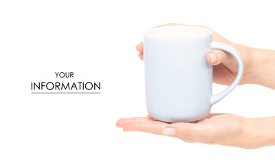 Blue cup mug in hand pattern on a white background isolation