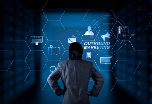 Outbound marketing business virtual dashboard with Offline or interruption marketing.businessman working with new computer.