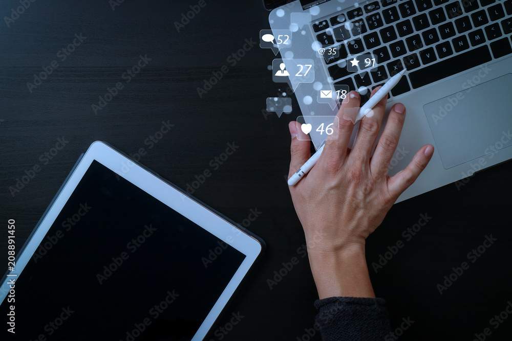 Poster cyber security internet and networking concept.businessman hand working with laptop computer and dig