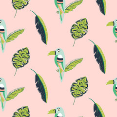 Toucan bird and leaves pattern seamless vector. Green exotic birds on light pink jungle background.