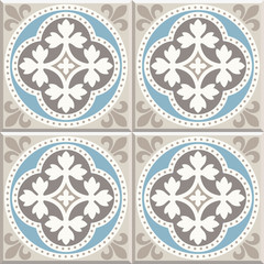 Ancient floor ceramic tiles. Flooring tiling seamless vector background. Vector illustration. Victorian English floor tiling design. Portuguese cement tiles pattern. Grey-blue and golden brown colors