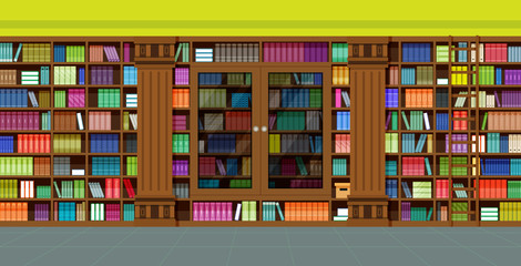 Books in the library with cabinets and stairs.