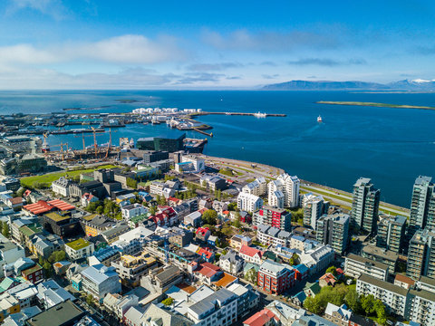 Reykjavik Iceland City Capital View From The Top. Aerial Photo