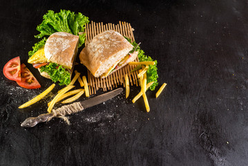 Panini or sandwich with french fries cut on half on black background