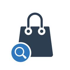 Shopping bag icon, business icon with research sign. Shopping bag icon and explore, find, inspect symbol
