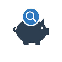 Piggy bank icon, business icon with research sign. Piggy bank icon and explore, find, inspect symbol