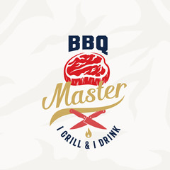 BBQ Master Vintage Vector Label, Card, Emblem or Logo Template. Retro Typography and Meat Texture. Steak Silhouette with Knives and Fire.