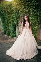 Fototapeta premium young beautiful bride woman in white dress outdoors on the nature